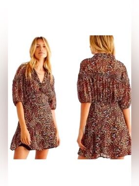 New FREE PEOPLE Bonnie Mini Dress Black Sheer Ditsy Floral Print Button Down XS
